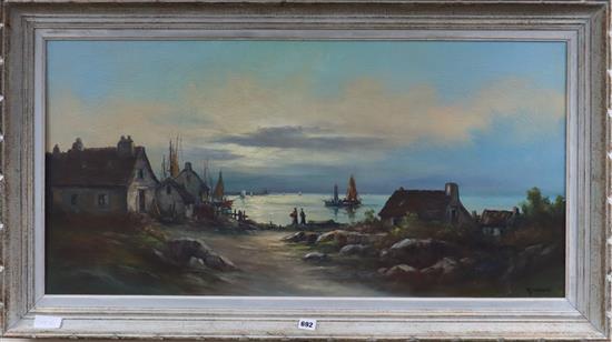 R. Tanawi, oil on canvas, Fishing village at sunset, signed 48 x 99cm